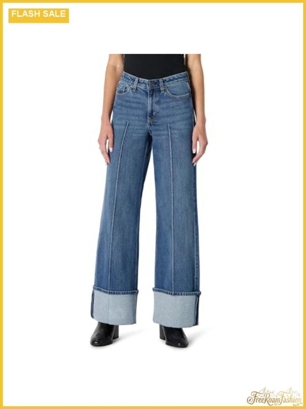 Wide Leg Cuffed Jeans High Rise Stretch Denim
